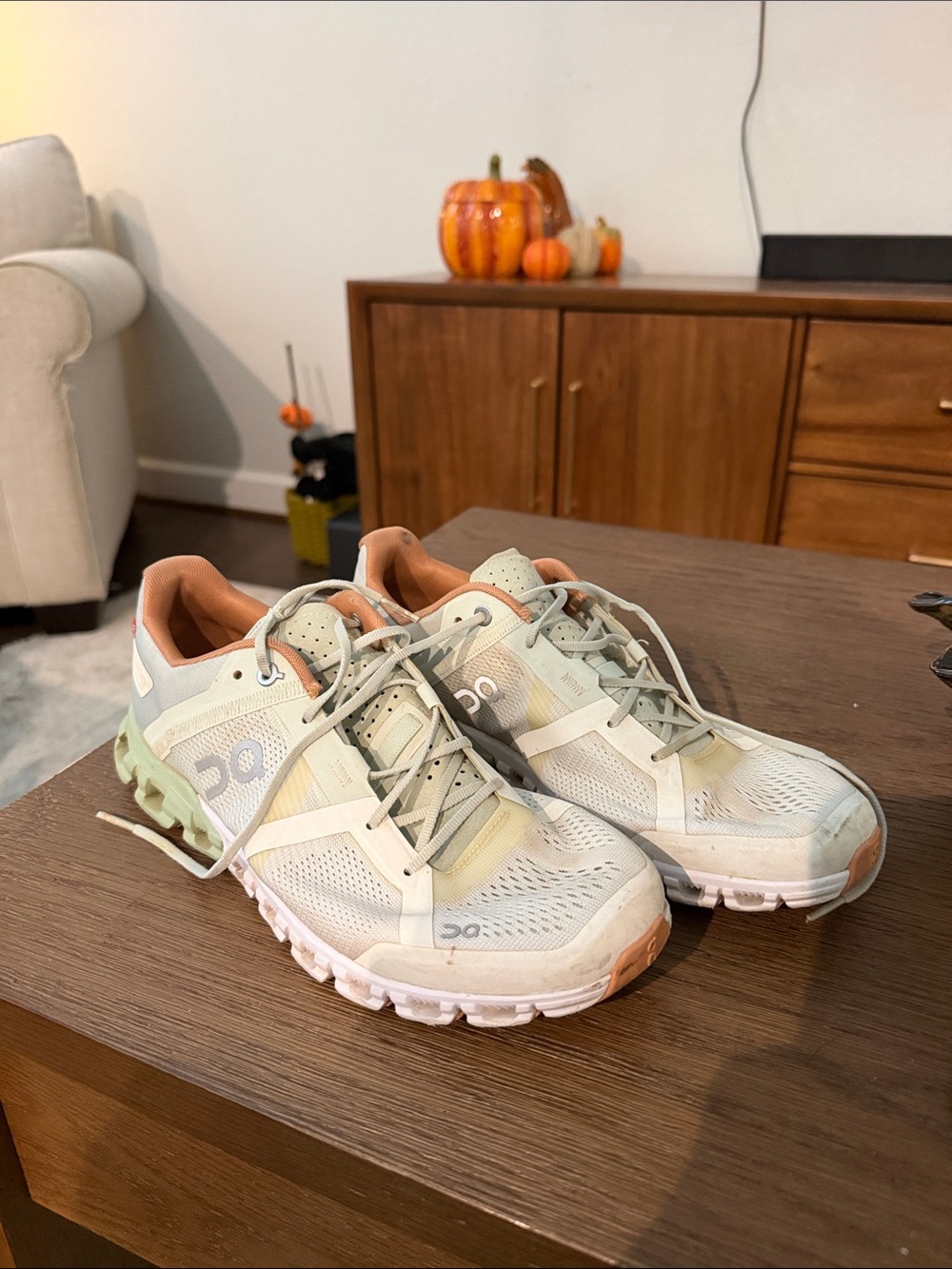 On Running Women's Cloudstratus Sneakers - Pale Green and Peach Trim